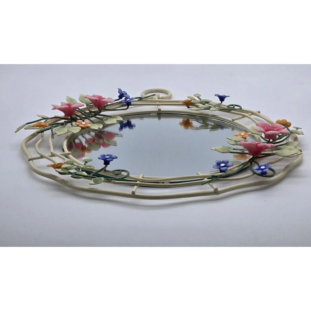 Vintage Floral Meal Wall Mirror Round Pink Blue Flower Vine Cottagecore Decor